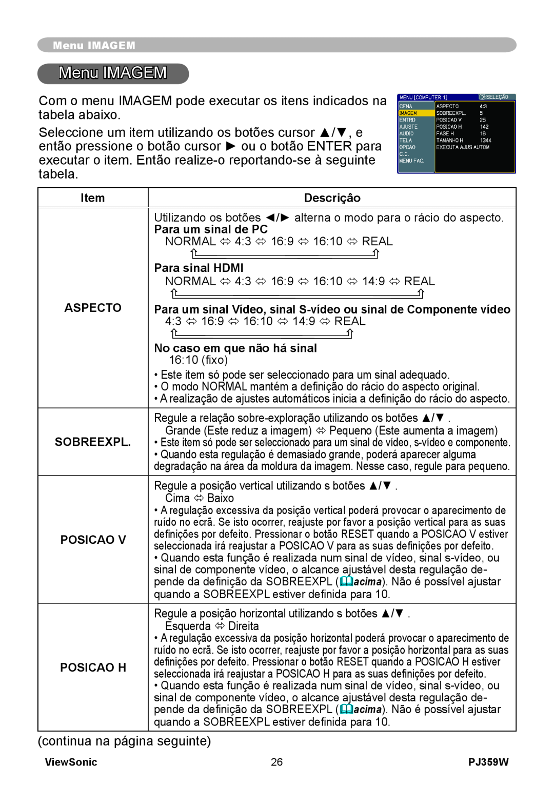 ViewSonic PJ359 manual Menu IMAGEM, Descriçâo, Para um sinal de PC, Para sinal HDMI, Aspecto, Sobreexpl, Posicao H 