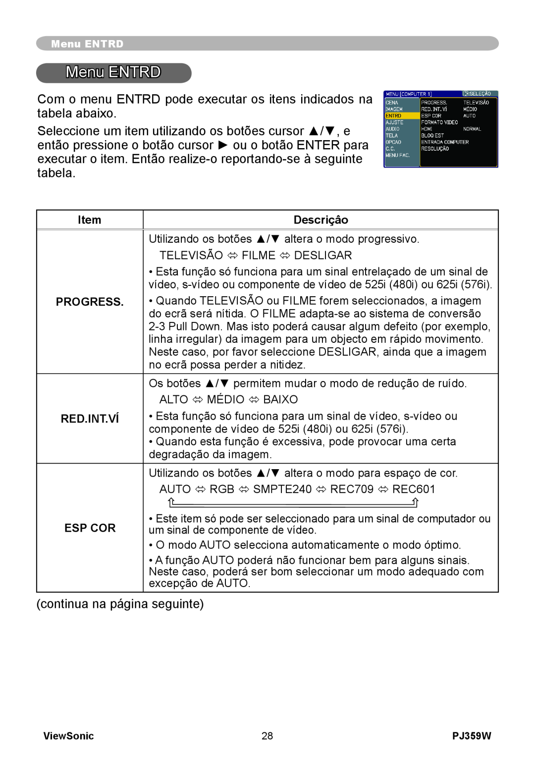 ViewSonic PJ359 manual Menu ENTRD, Descriçâo, Progress, Red.Int.Ví, Esp Cor 