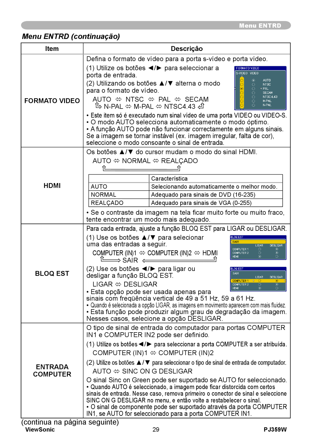 ViewSonic PJ359 manual Menu ENTRD continuação, Descriçâo, Formato Video, Hdmi, Bloq Est, Entrada, Computer 