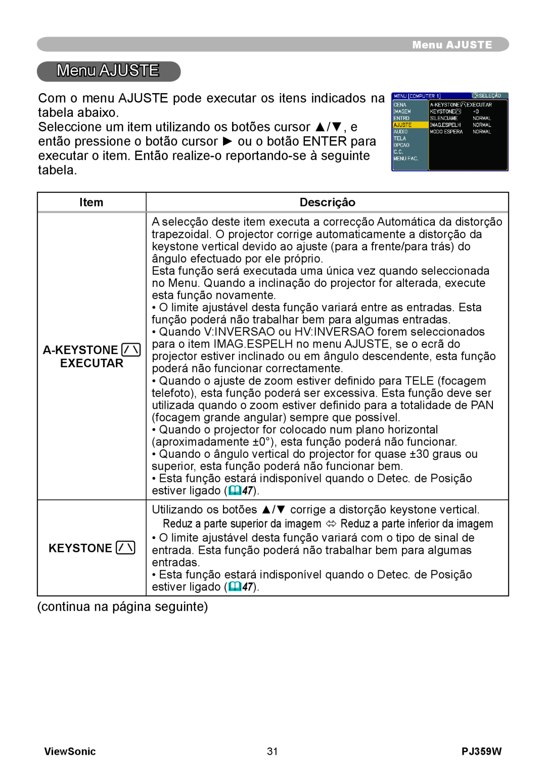 ViewSonic PJ359 manual Menu AJUSTE, Descriçâo, A-Keystone, Executar 