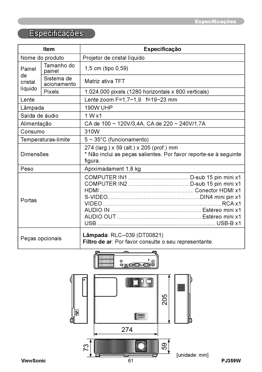 ViewSonic PJ359 manual Especificações, Especificação 