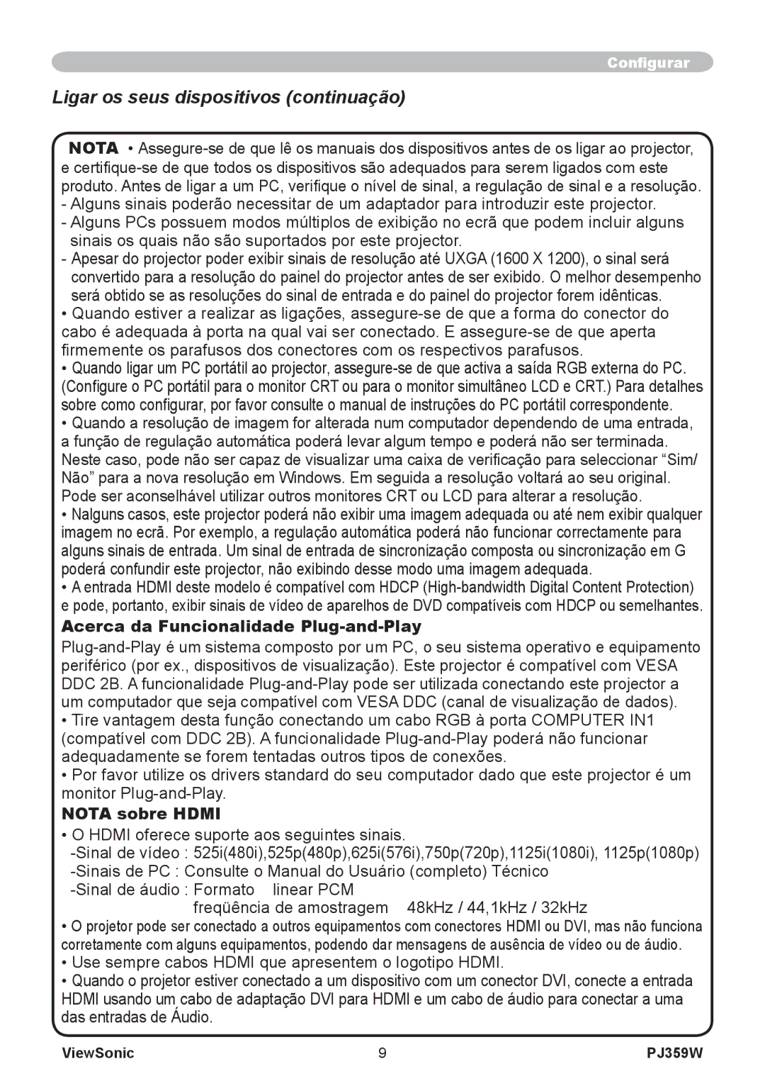 ViewSonic PJ359 manual Ligar os seus dispositivos continuação, Acerca da Funcionalidade Plug-and-Play, Nota sobre Hdmi 