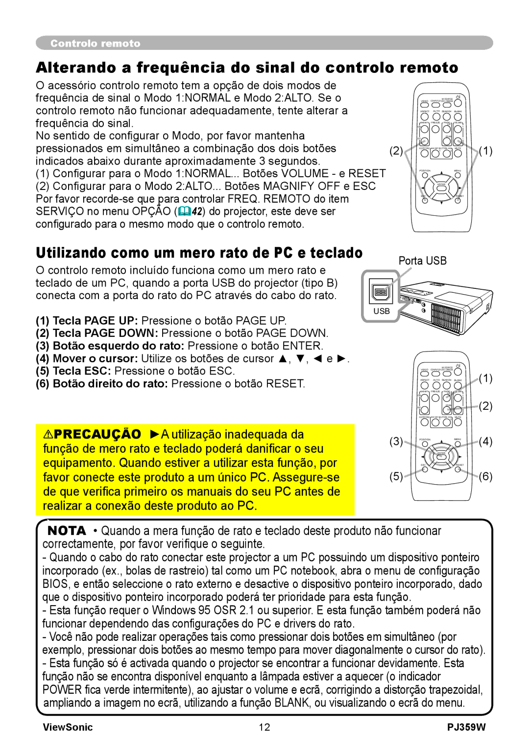 ViewSonic PJ359 manual Alterando a frequência do sinal do controlo remoto, Botão esquerdo do rato Pressione o botão Enter 