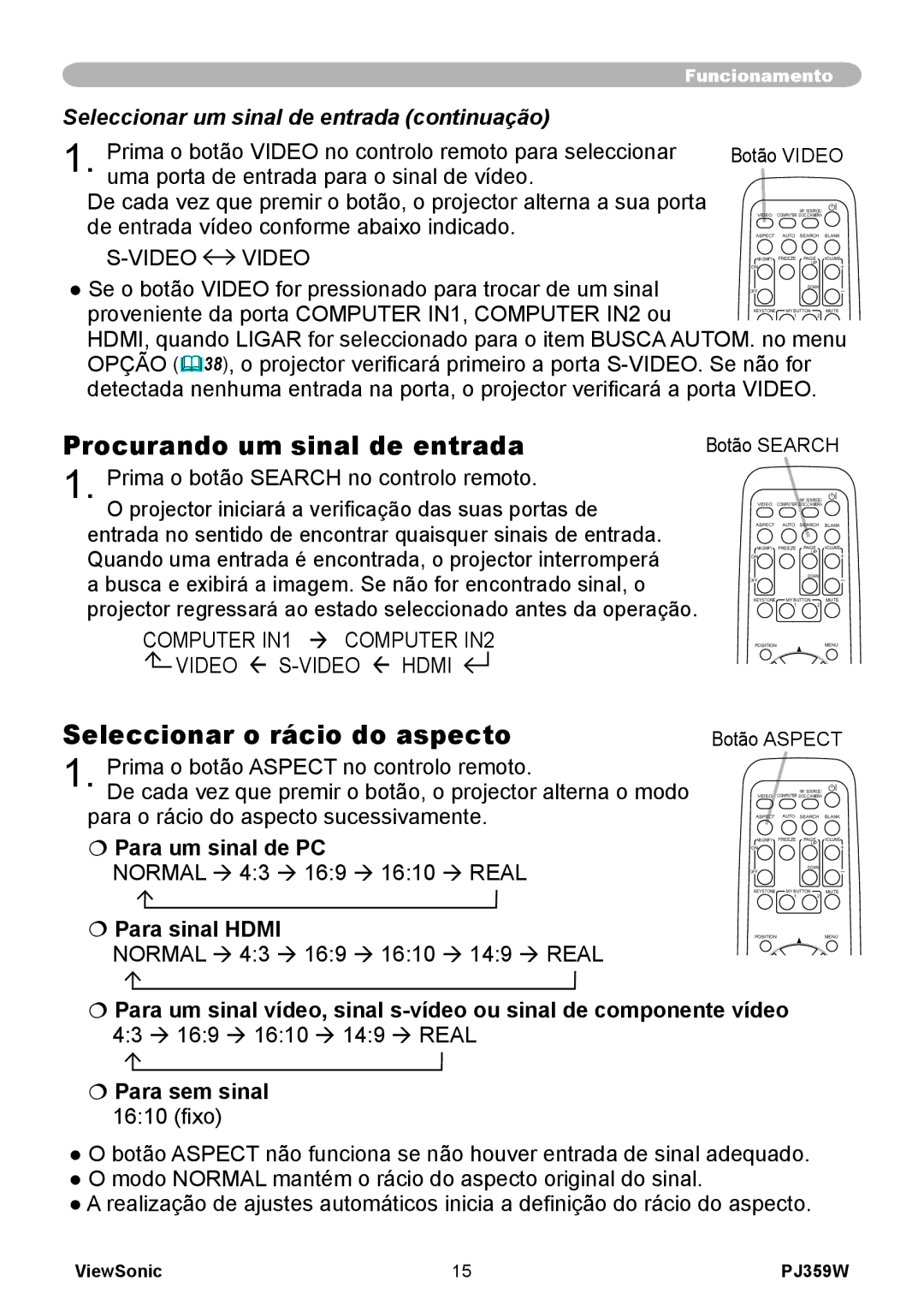ViewSonic PJ359 Procurando um sinal de entrada, Seleccionar o rácio do aspecto,  Para um sinal de PC,  Para sinal Hdmi 