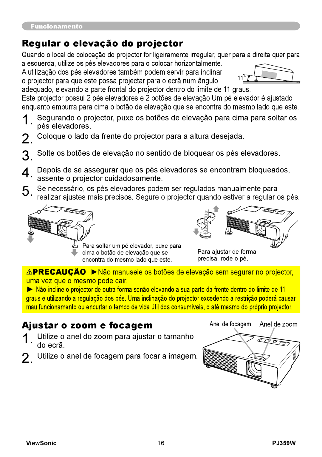 ViewSonic PJ359 manual Regular o elevação do projector, Ajustar o zoom e focagem 