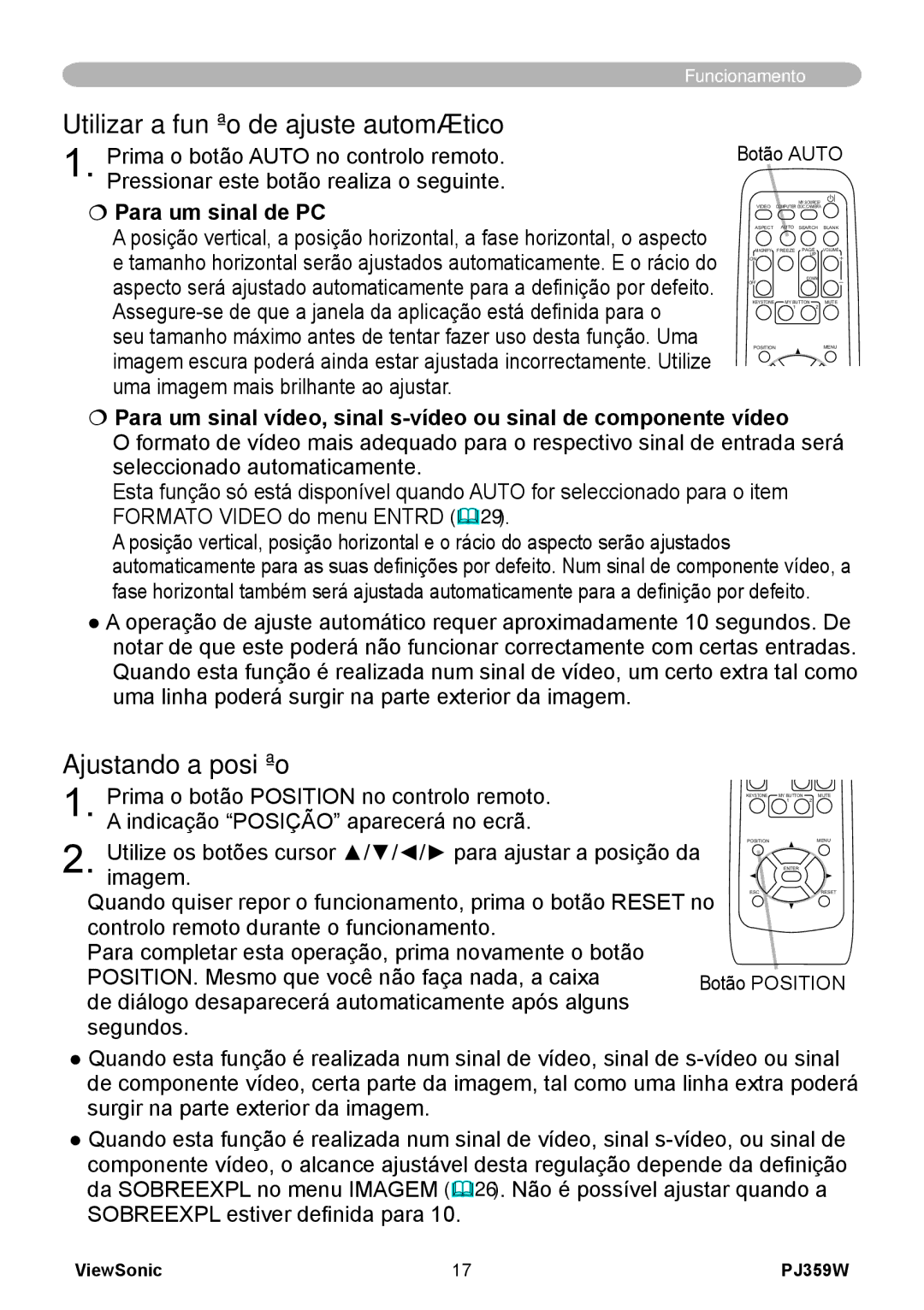 ViewSonic PJ359 manual Utilizar a função de ajuste automático, Ajustando a posição 