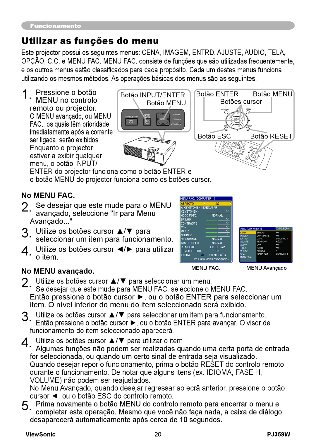 ViewSonic PJ359 manual Utilizar as funções do menu, No Menu FAC, No Menu avançado 