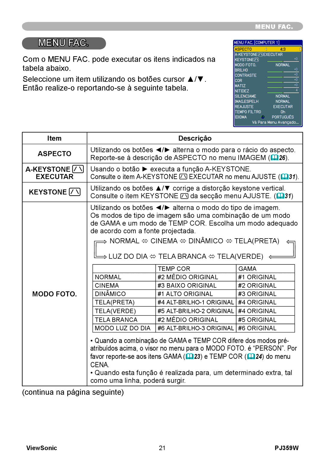 ViewSonic PJ359 manual Descriçâo, Aspecto, Keystone, Executar, Modo Foto 
