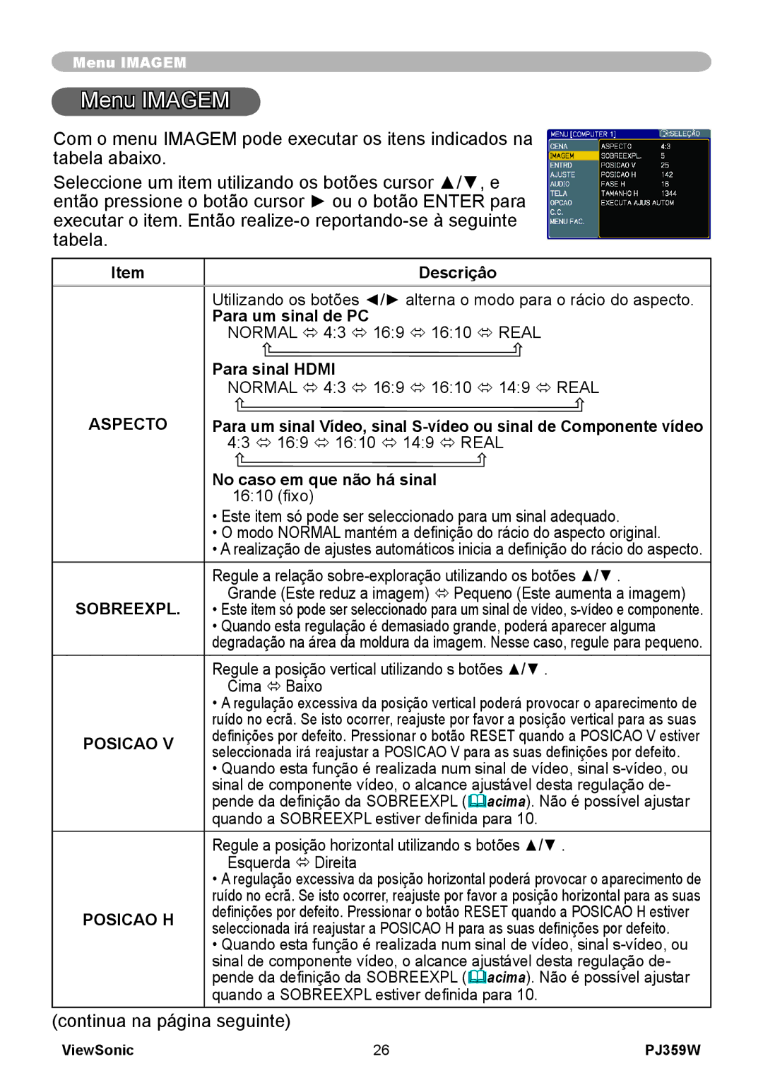 ViewSonic PJ359 manual Menu Imagem, Sobreexpl, Posicao H 