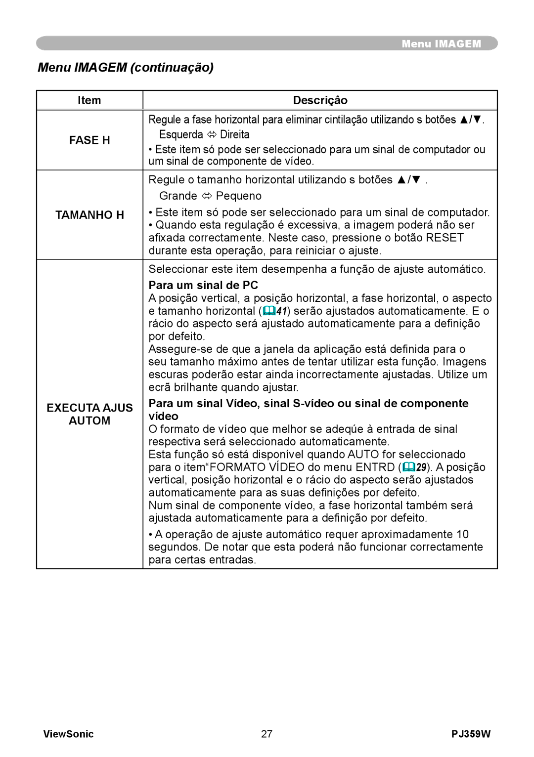 ViewSonic PJ359 manual Menu Imagem continuação, Fase H, Tamanho H, Executa Ajus, Autom 