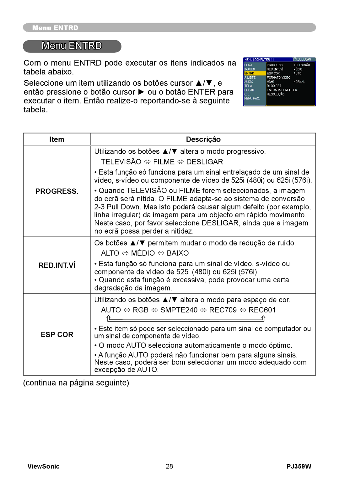 ViewSonic PJ359 manual Menu Entrd, Progress, Red.Int.Ví, Esp Cor 