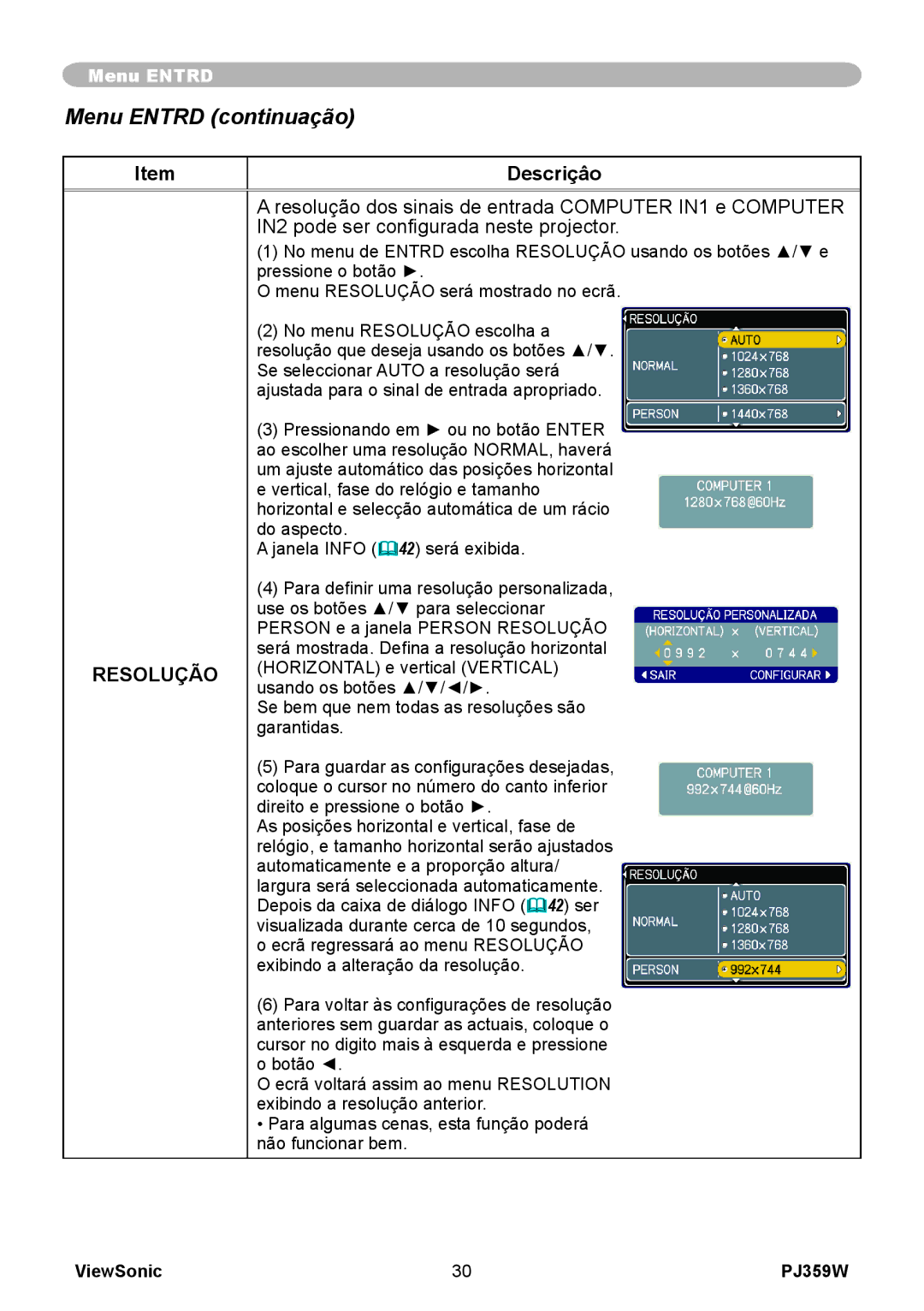 ViewSonic PJ359 manual Resolução 