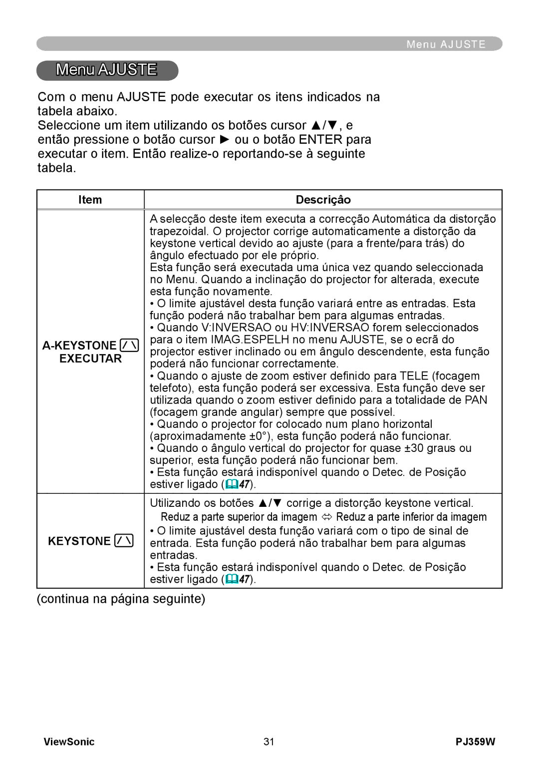 ViewSonic PJ359 manual Menu Ajuste, Quando Vinversao ou Hvinversao forem seleccionados, Poderá não funcionar correctamente 