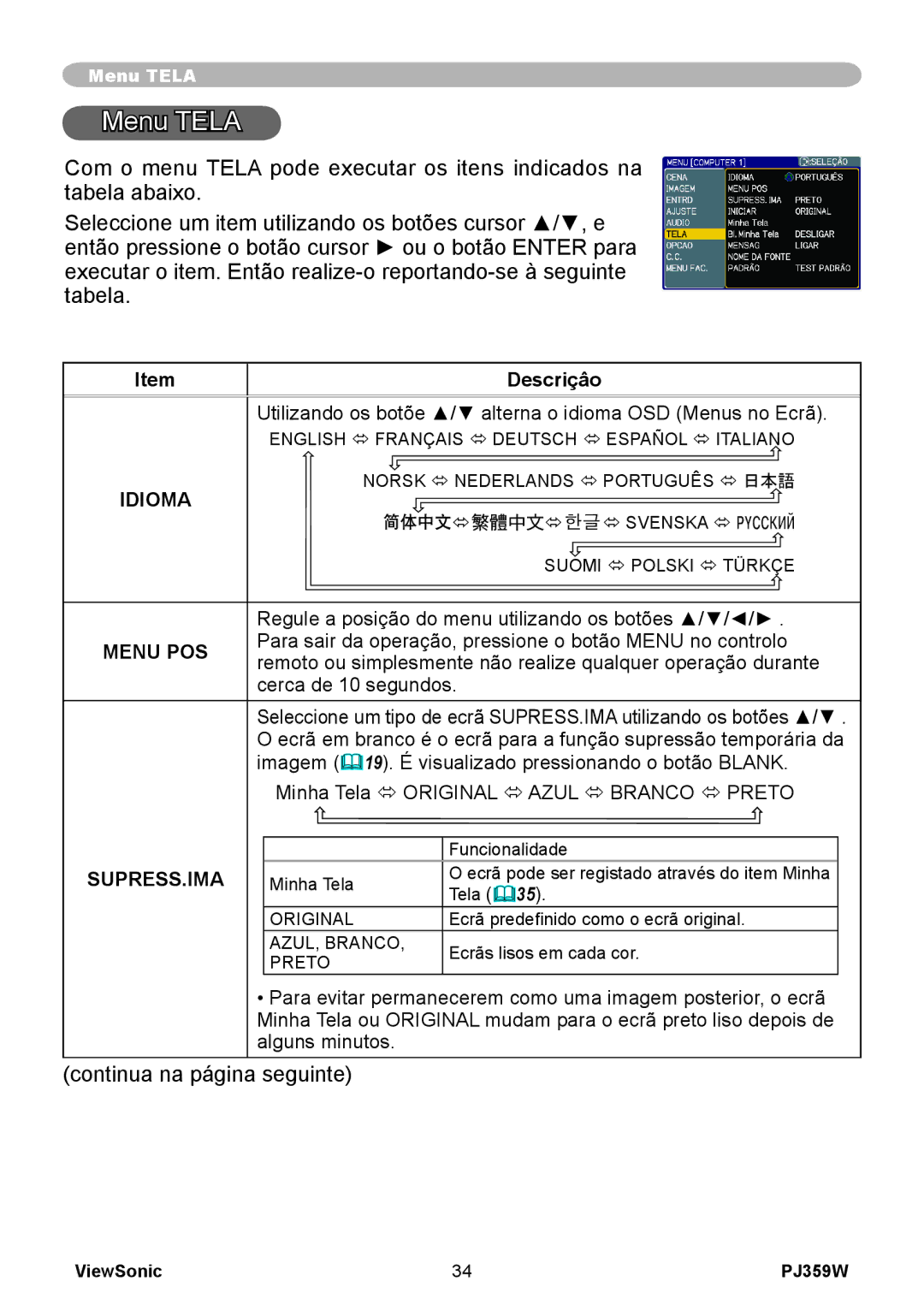 ViewSonic PJ359 manual Menu Tela, Menu POS, Supress.Ima 