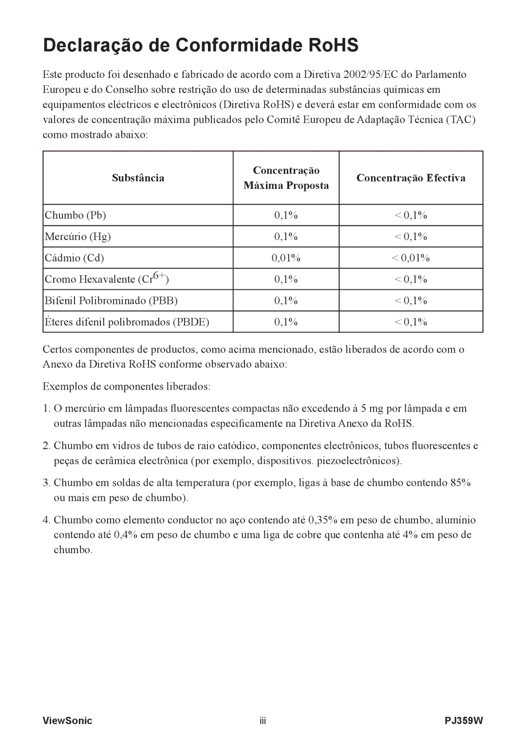 ViewSonic PJ359 manual Declaração de Conformidade RoHS 