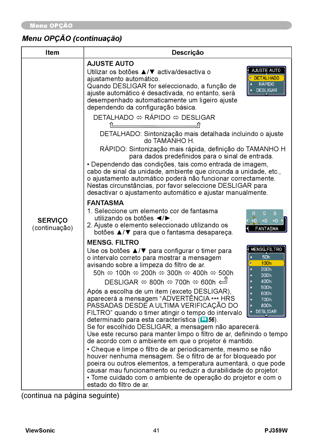 ViewSonic PJ359 manual Ajuste Auto, Fantasma, MENSG. Filtro 