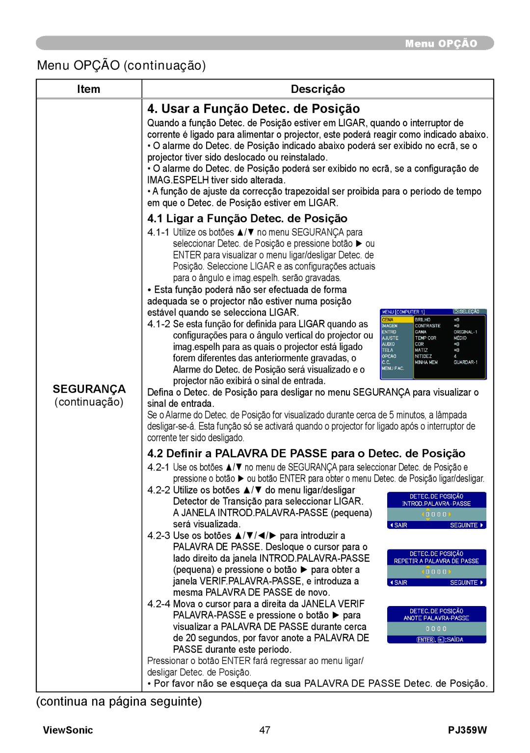 ViewSonic PJ359 manual Usar a Função Detec. de Posição, Ligar a Função Detec. de Posição 