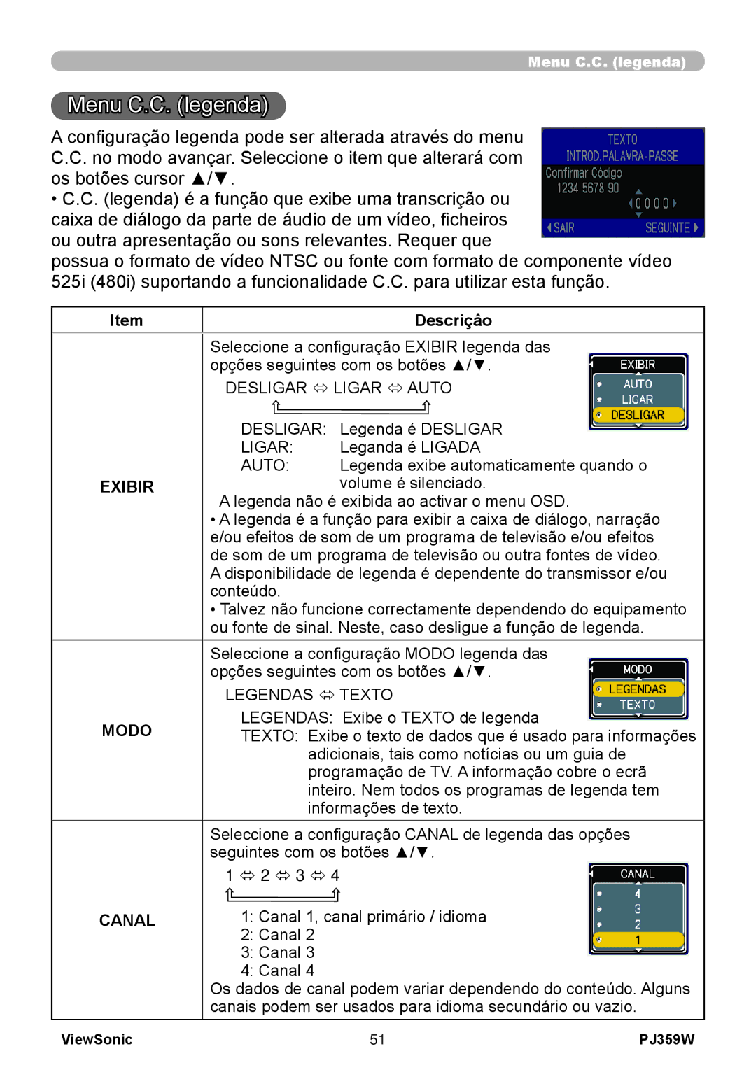 ViewSonic PJ359 manual Menu C.C. legenda, Exibir, Modo, Canal 