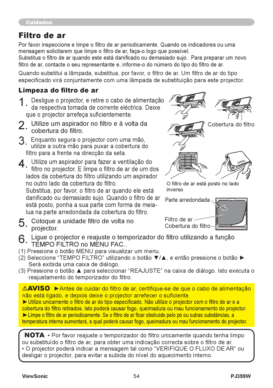 ViewSonic PJ359 manual Filtro de ar, Limpeza do filtro de ar 