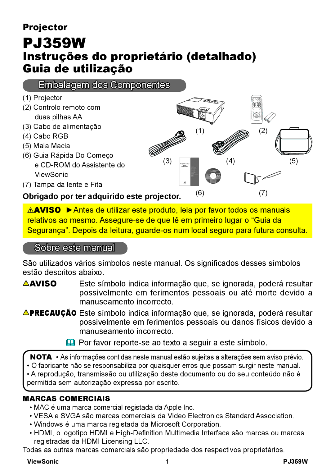 ViewSonic PJ359 Embalagem dos Componentes, Sobre este manual, Obrigado por ter adquirido este projector, Marcas Comerciais 