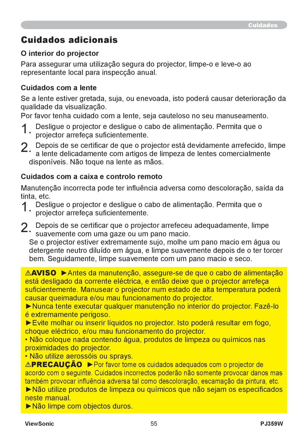 ViewSonic PJ359 Cuidados adicionais, Interior do projector, Cuidados com a lente, Cuidados com a caixa e controlo remoto 