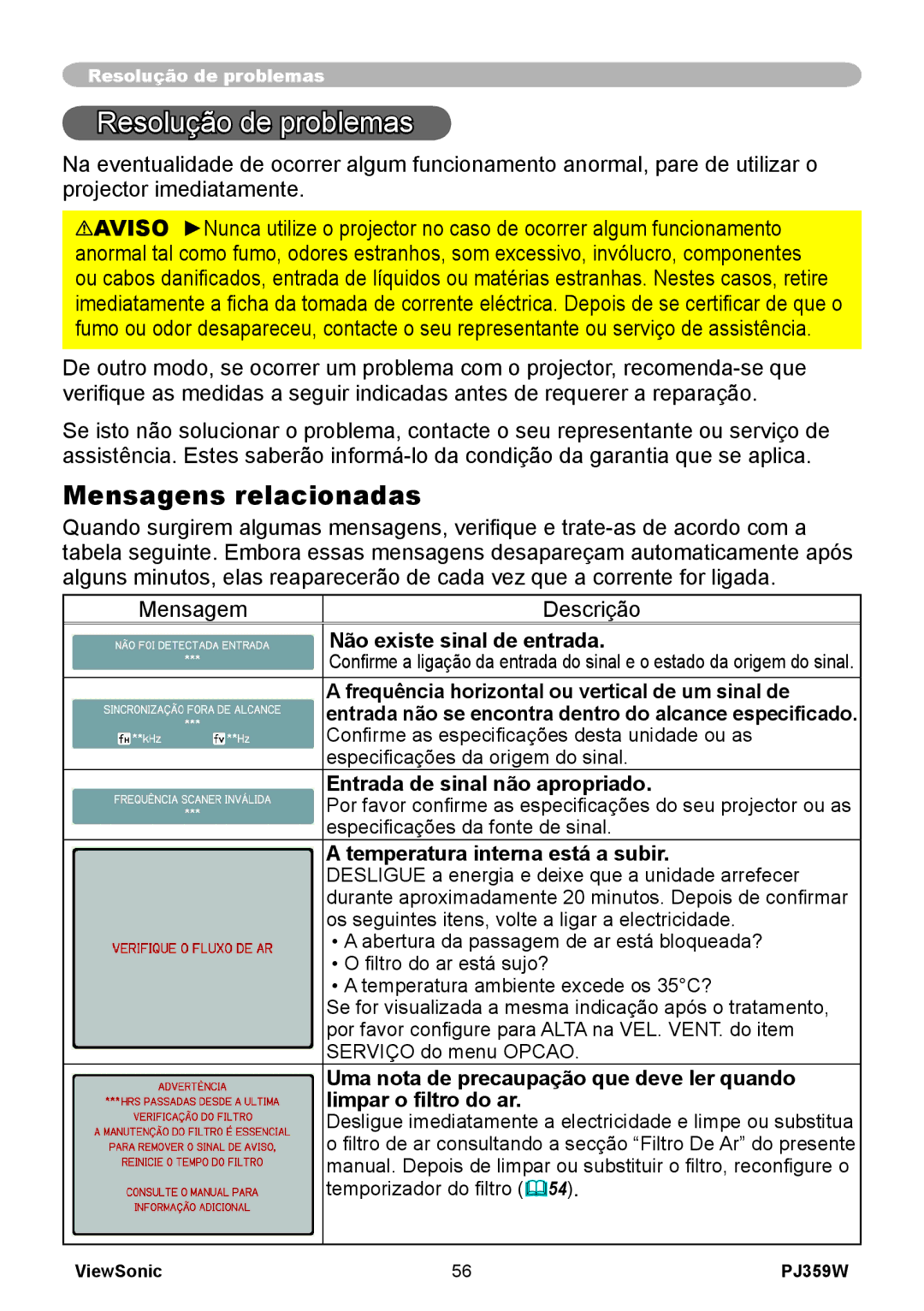 ViewSonic PJ359 manual Mensagens relacionadas, Não existe sinal de entrada, Entrada de sinal não apropriado 