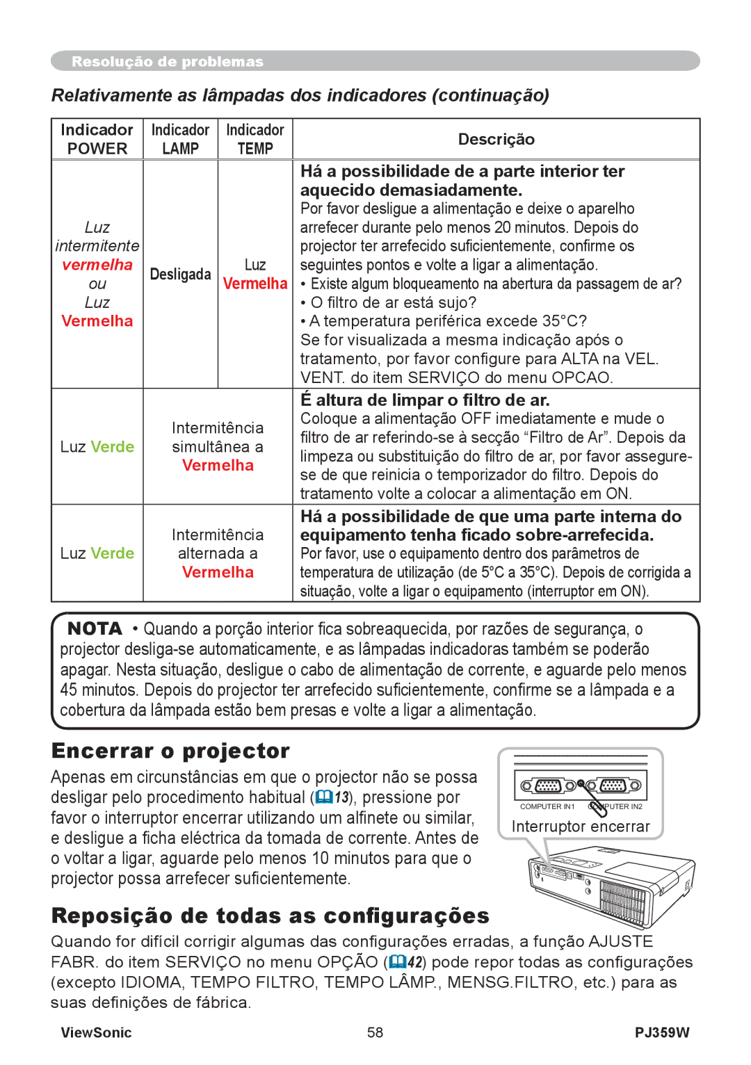 ViewSonic PJ359 manual Encerrar o projector, Reposição de todas as configurações 