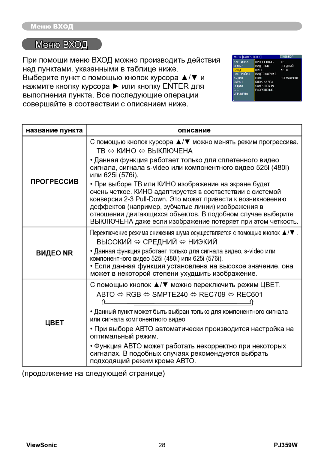 ViewSonic PJ359w manual Меню Вход, Прогрессив, Видео NR 