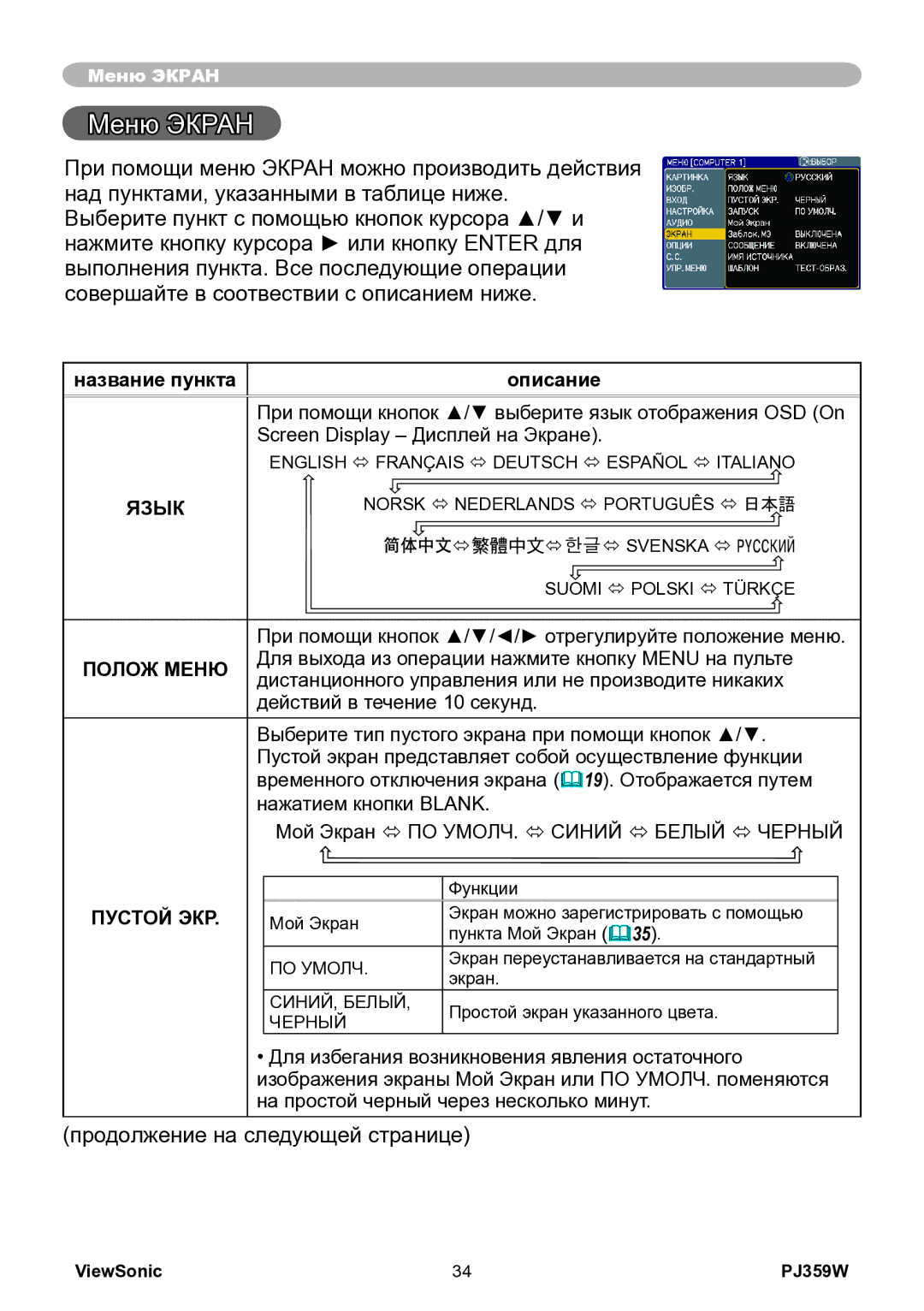 ViewSonic PJ359w manual Меню Экран, Полож Меню, Дистанционного управления или не производите никаких, Пустой ЭКР 