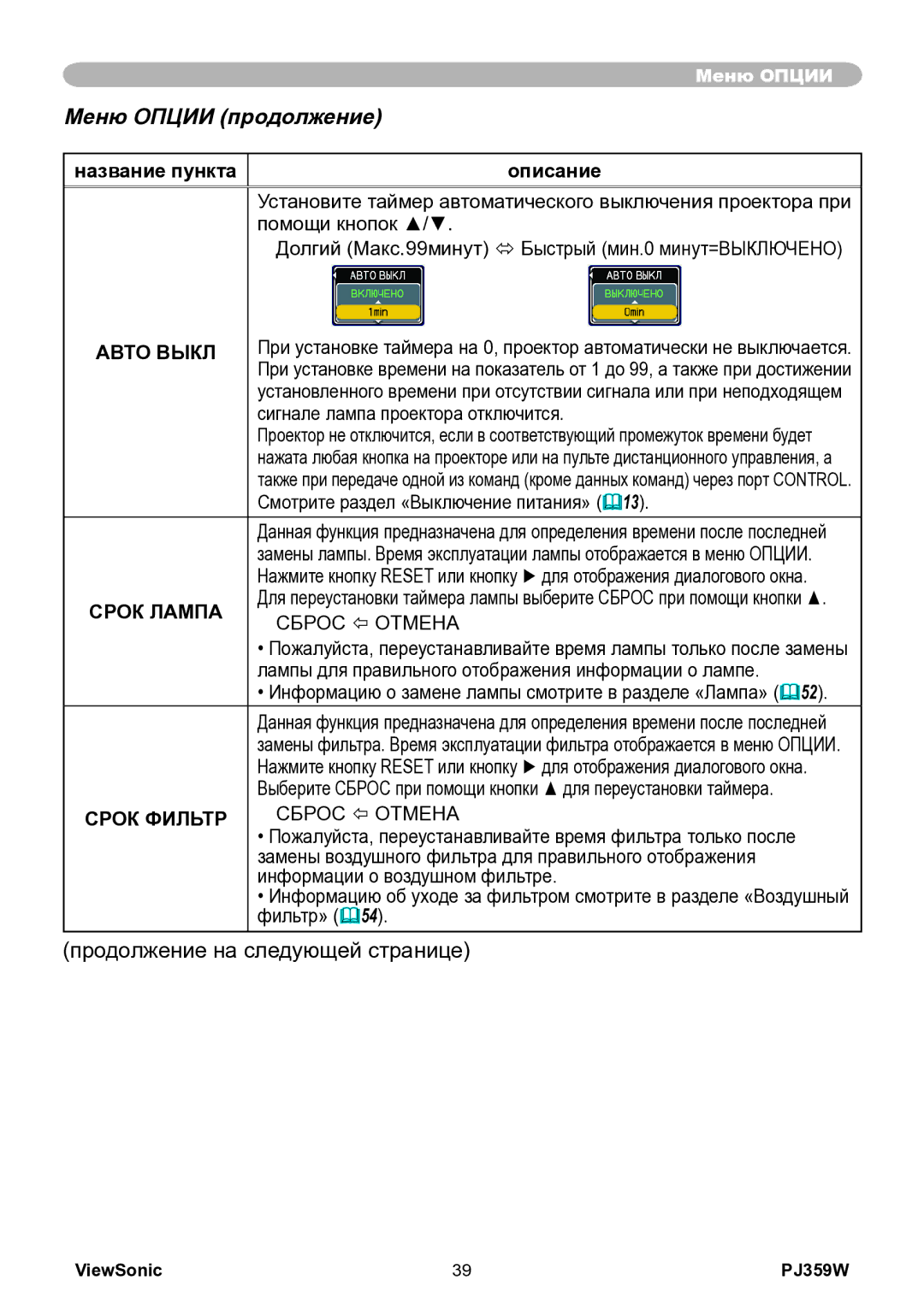 ViewSonic PJ359w manual Меню Опции продолжение, Авто Выкл, Срок Лампа 