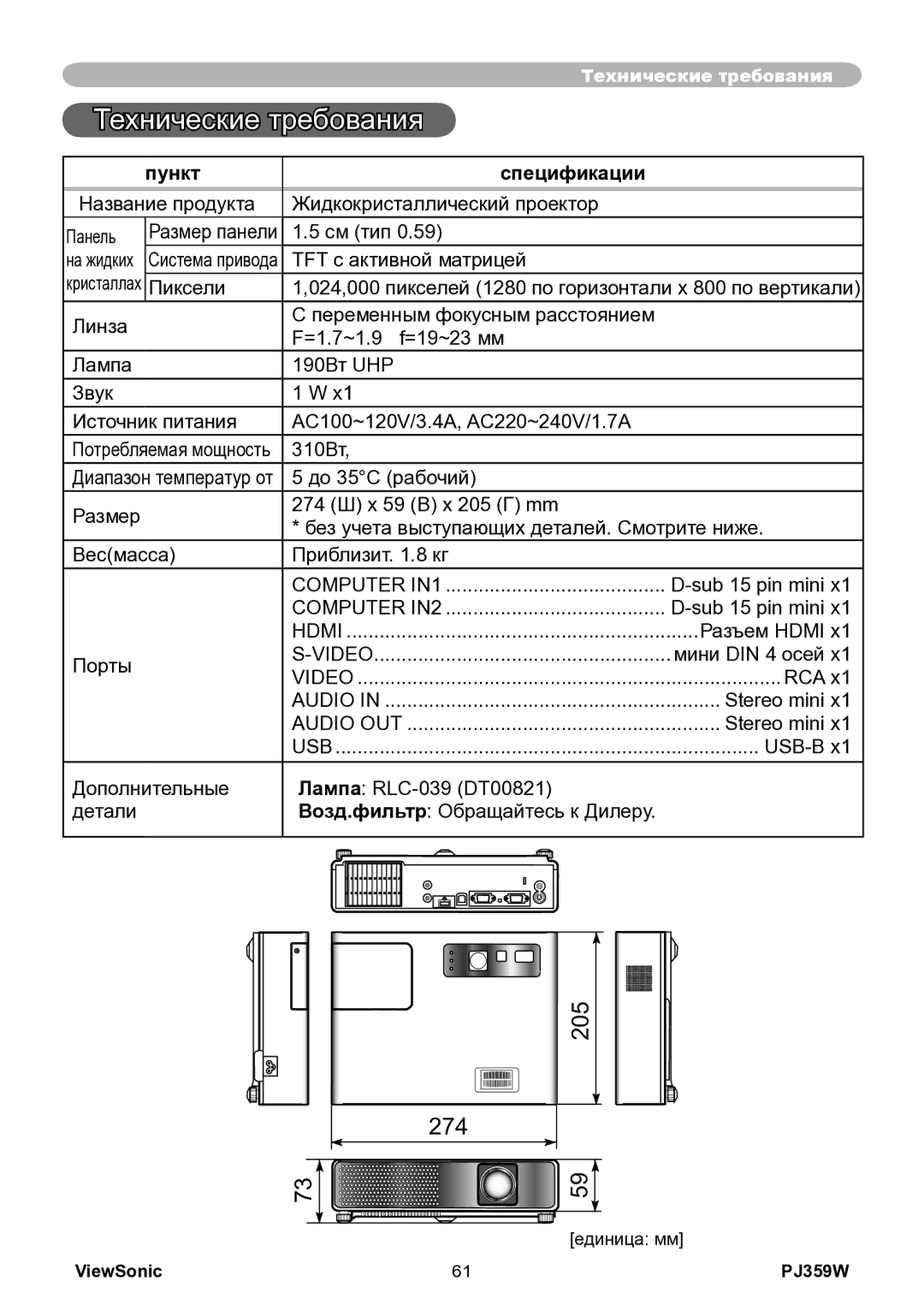 ViewSonic PJ359w manual 274, Пункт Спецификации 