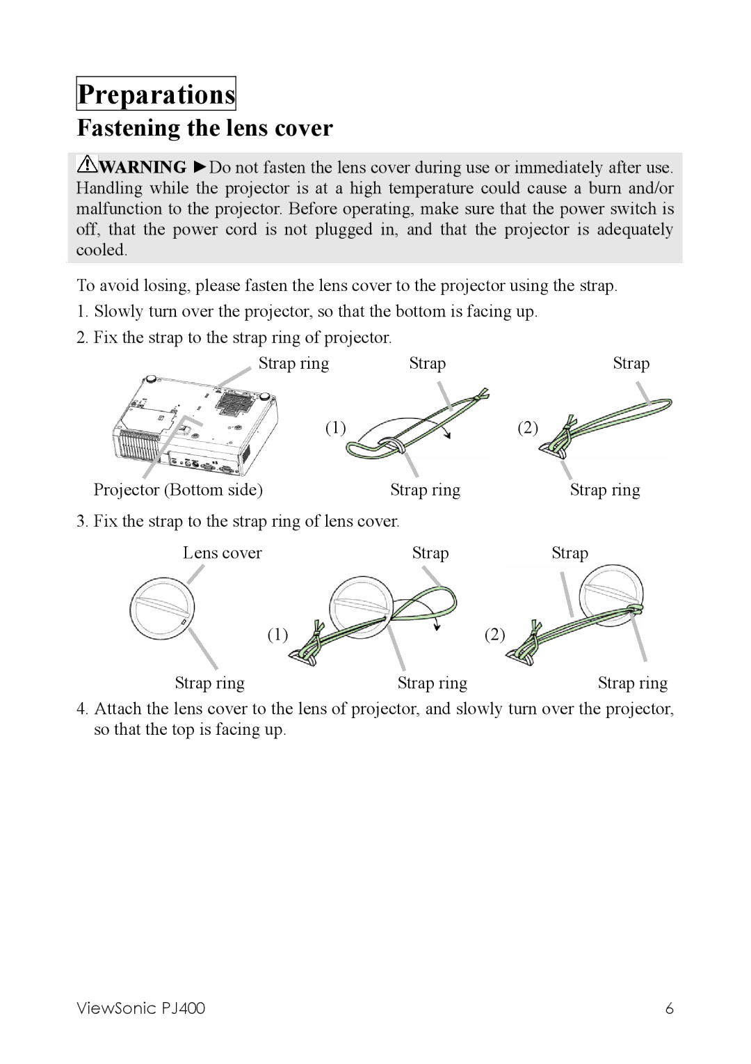 ViewSonic PJ400 manual Preparations, Fastening the lens cover 