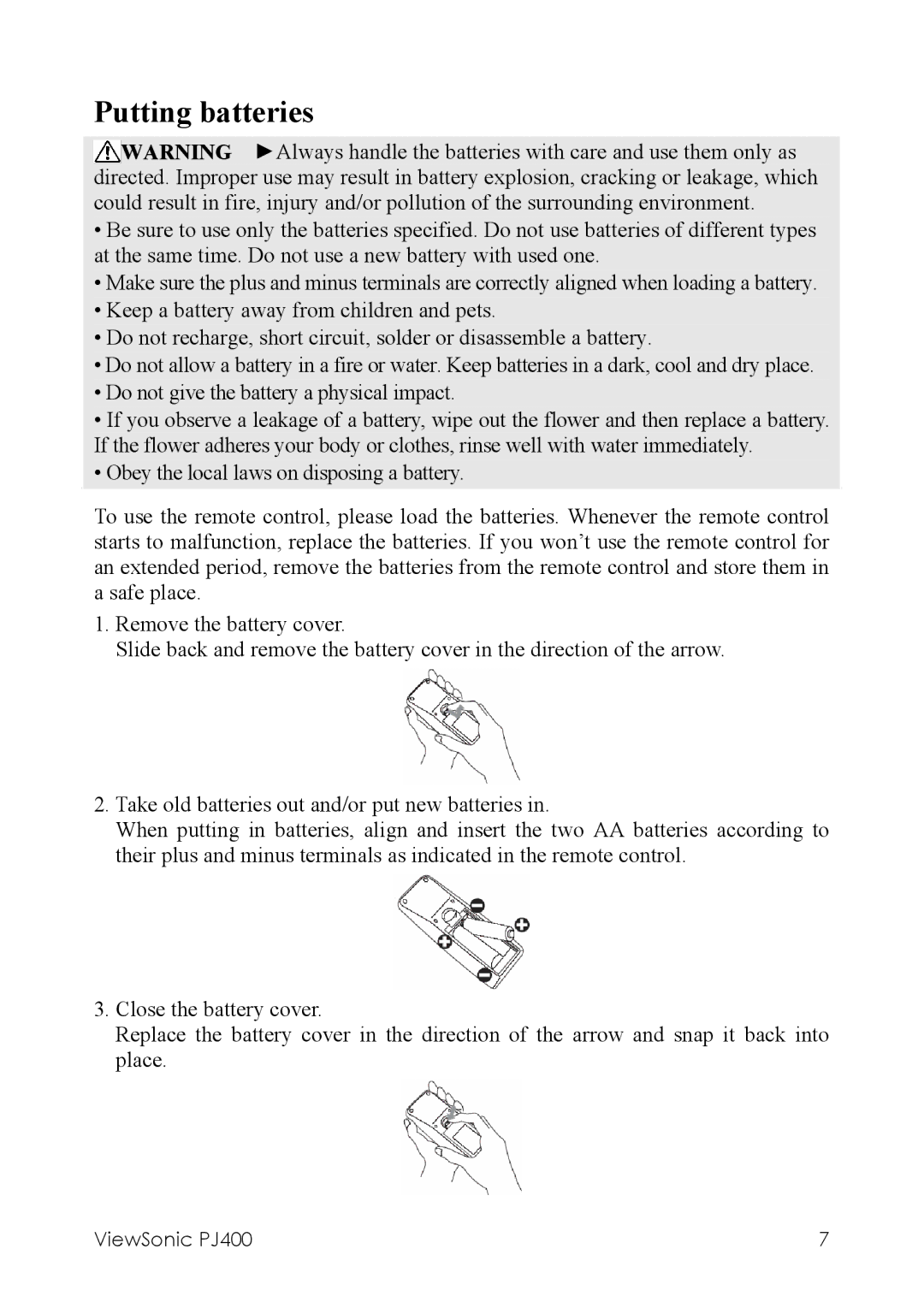 ViewSonic PJ400 manual Putting batteries 