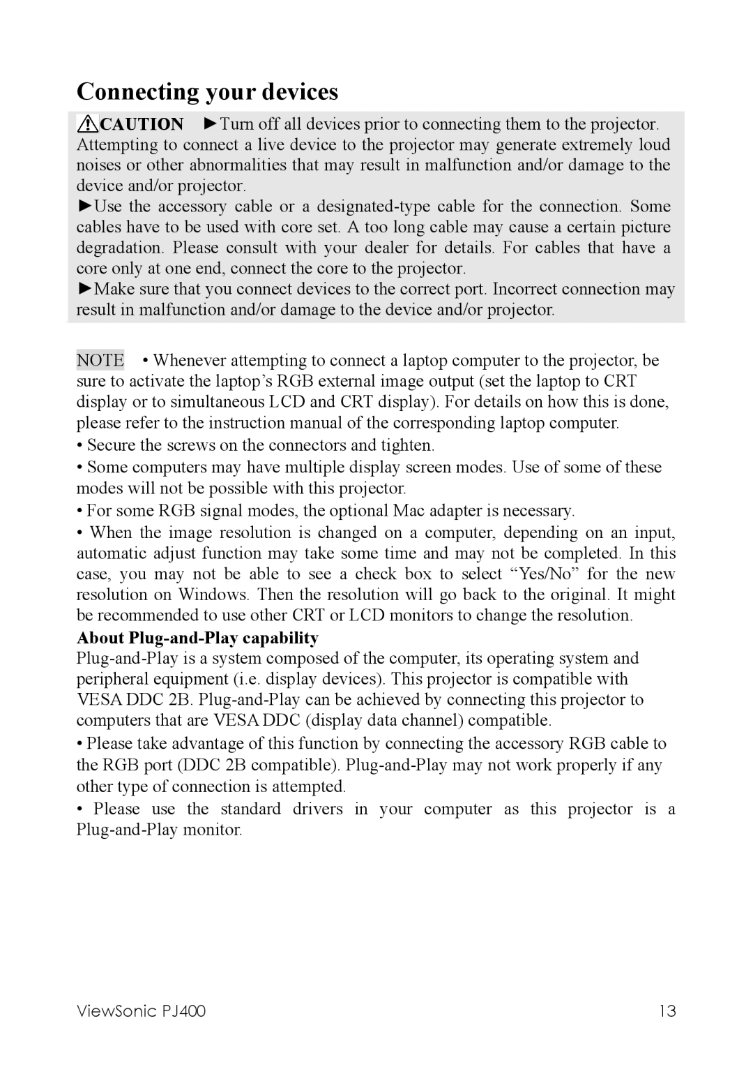 ViewSonic PJ400 manual Connecting your devices, About Plug-and-Play capability 