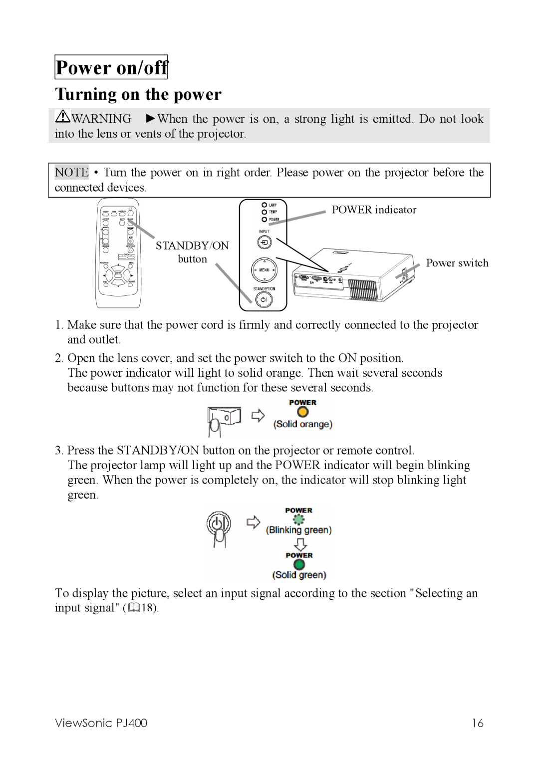 ViewSonic PJ400 manual Power on/off, Turning on the power 