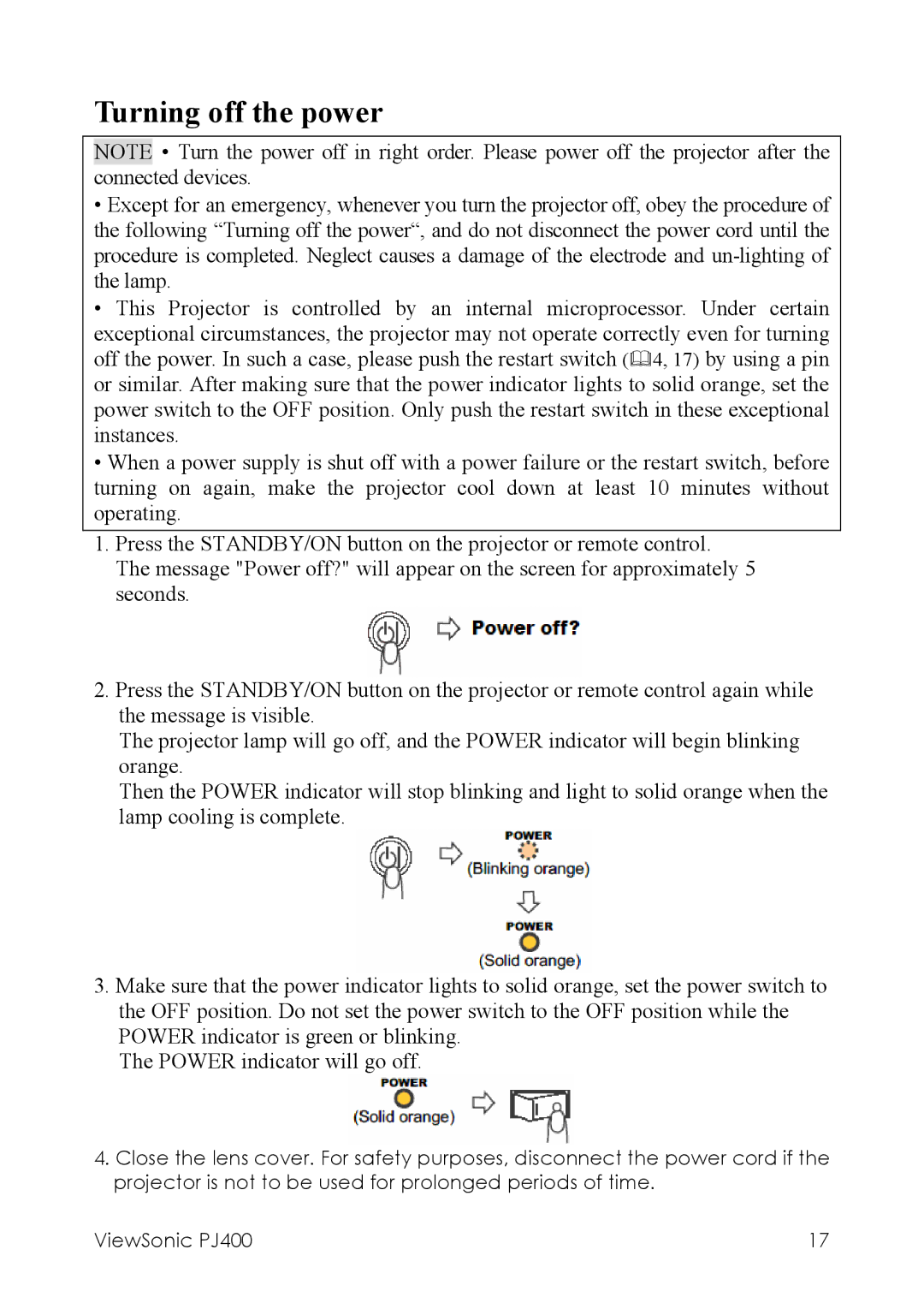 ViewSonic PJ400 manual Turning off the power 
