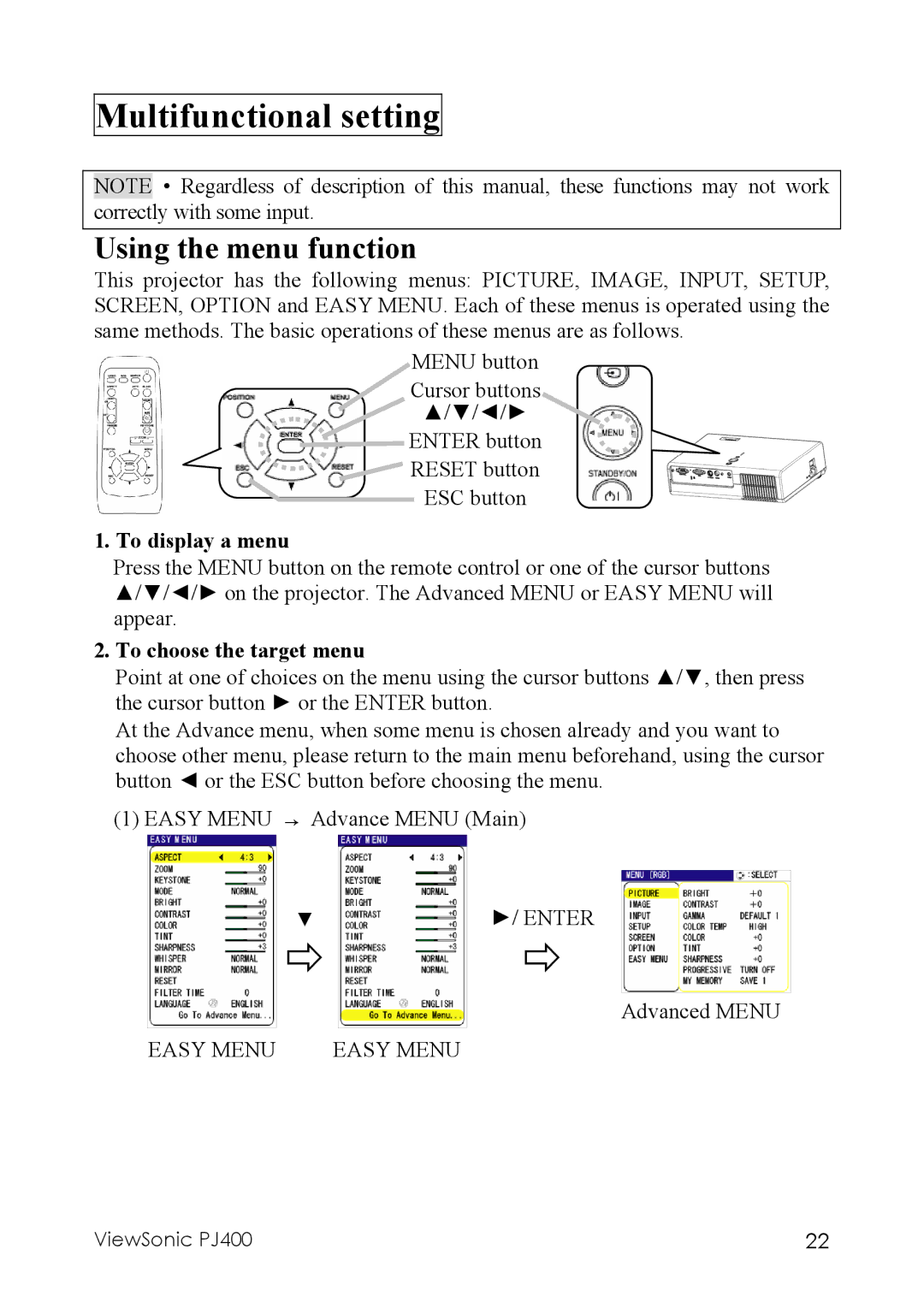 ViewSonic PJ400 manual Multifunctional setting, Using the menu function, To display a menu, To choose the target menu 