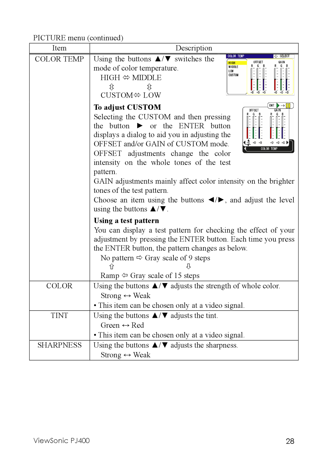 ViewSonic PJ400 manual High Middle Custom LOW, To adjust Custom 