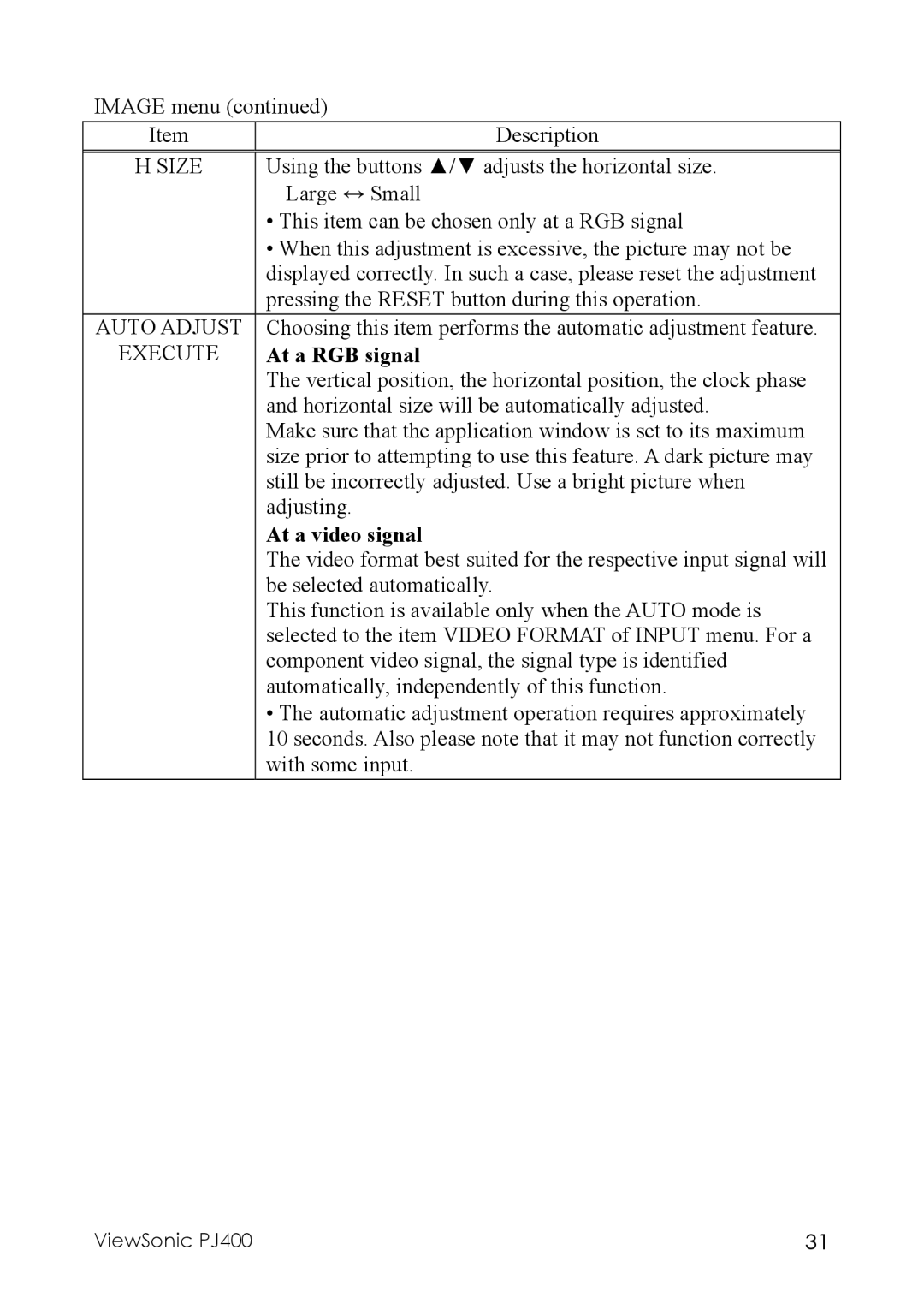 ViewSonic PJ400 manual Size, Auto Adjust, Execute, At a video signal 