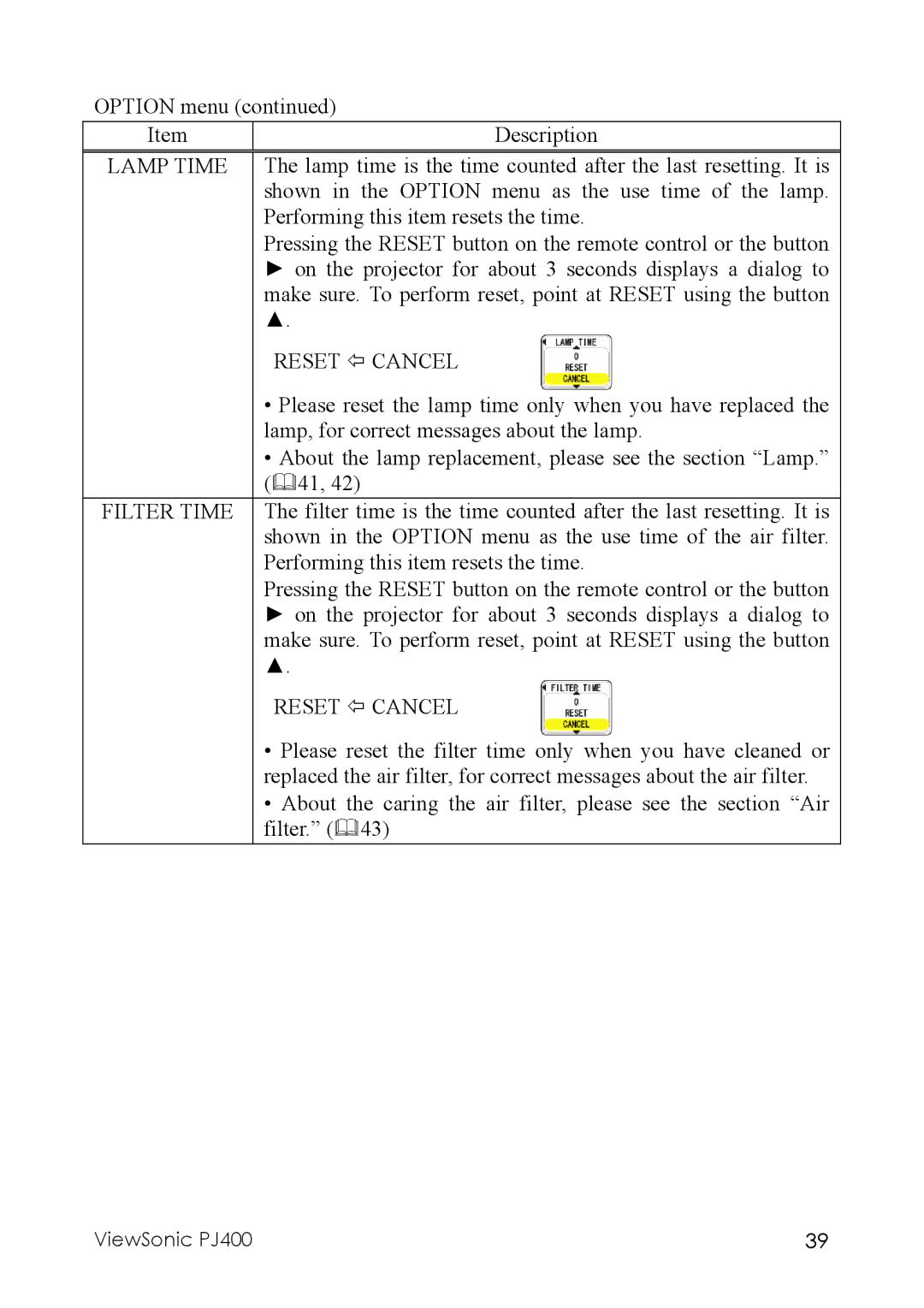 ViewSonic PJ400 manual Lamp Time, Reset  Cancel 