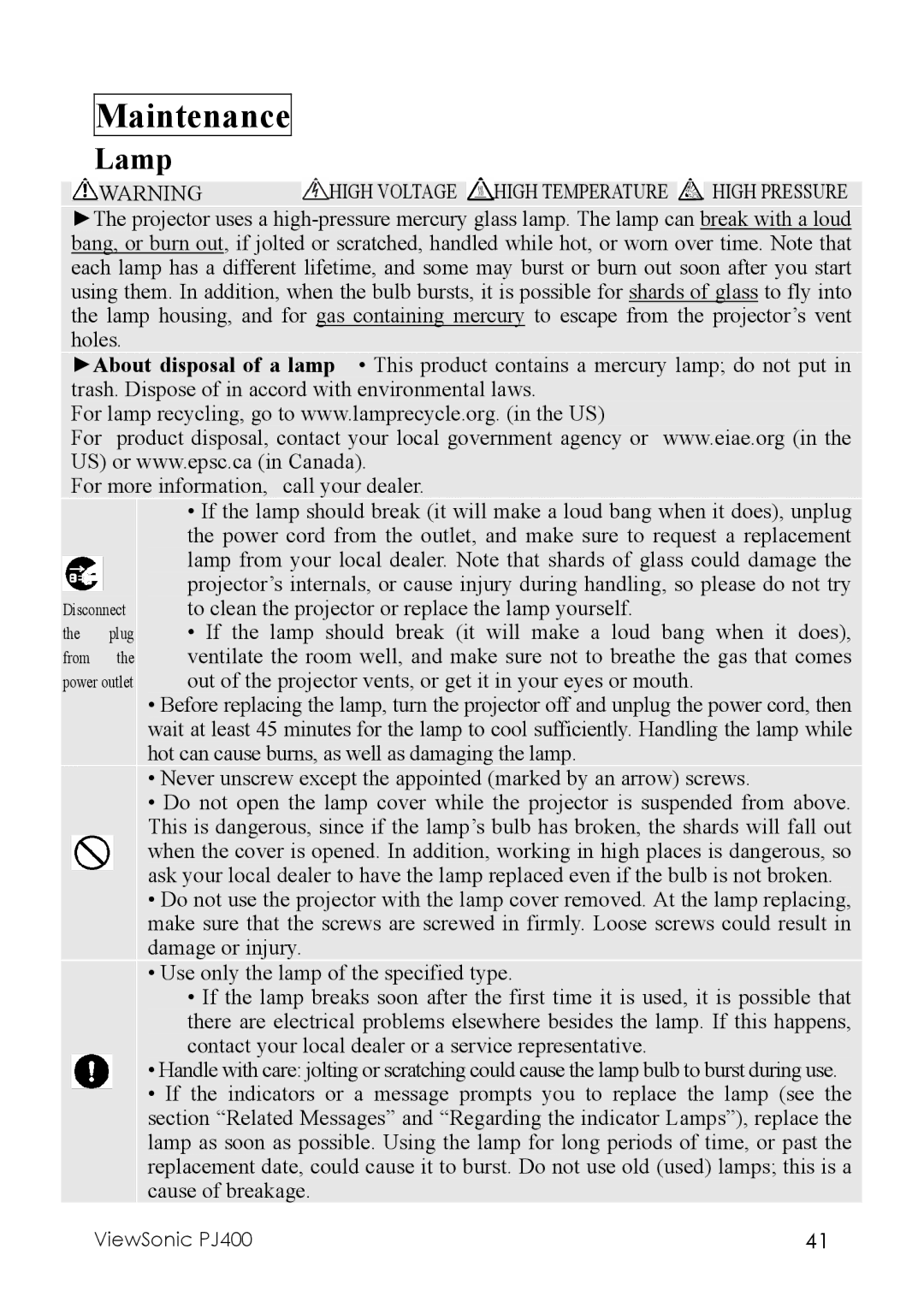 ViewSonic PJ400 manual Maintenance, Lamp 