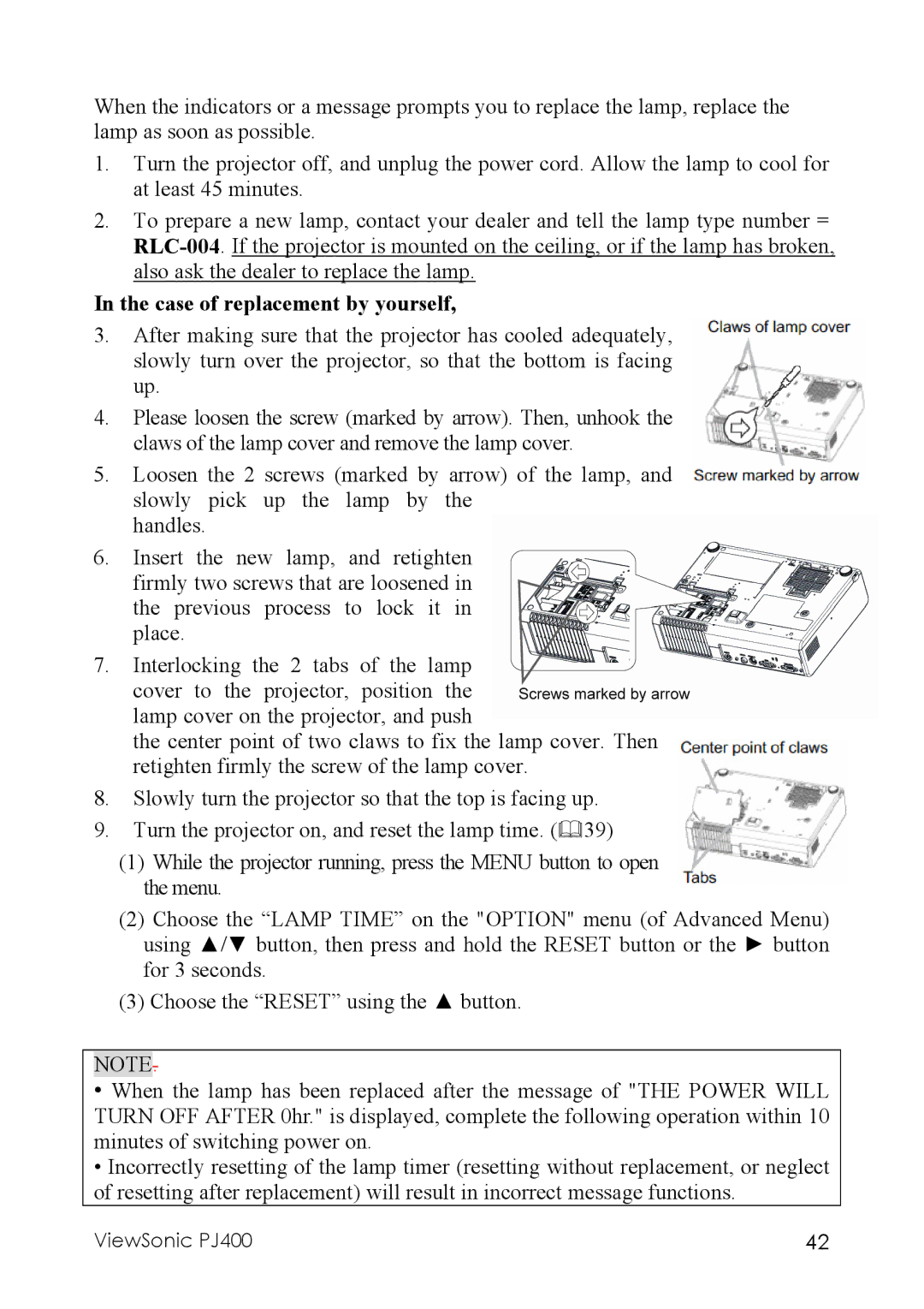 ViewSonic PJ400 manual Case of replacement by yourself 