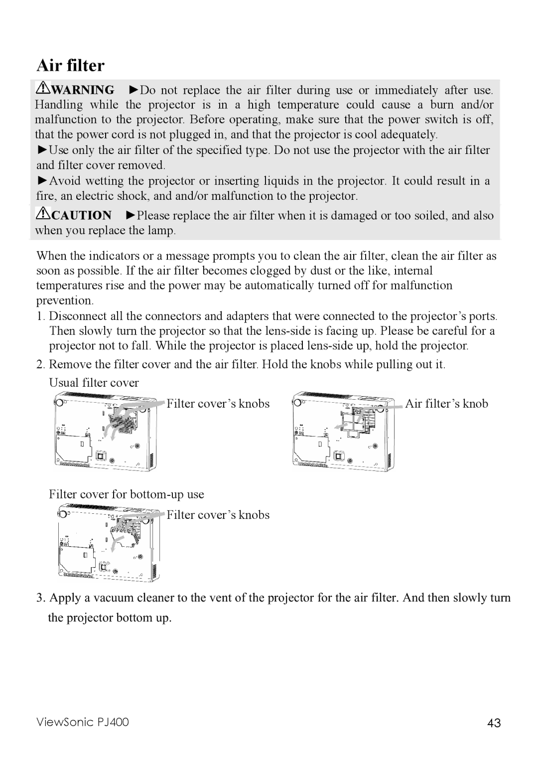ViewSonic PJ400 manual Air filter 