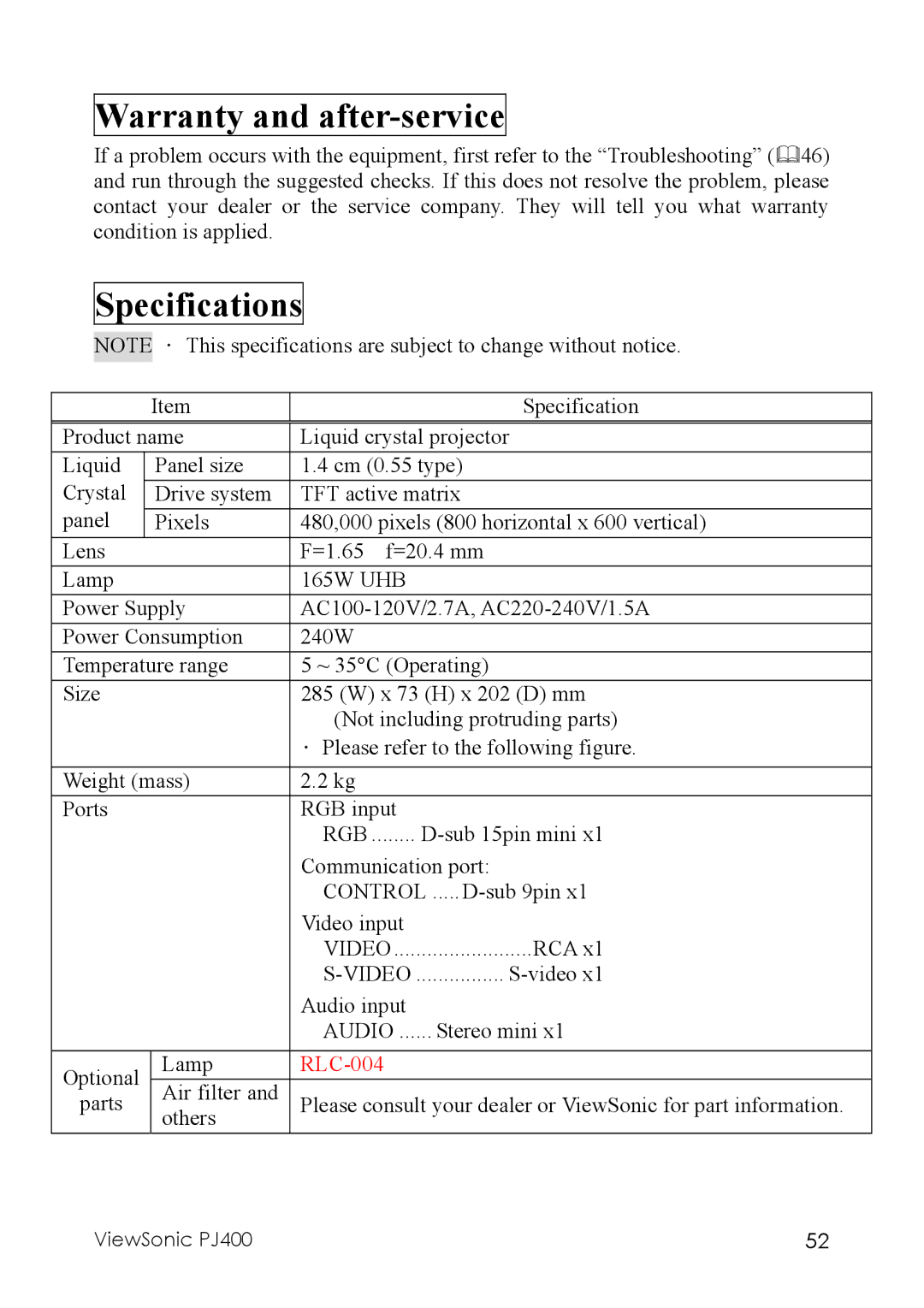 ViewSonic PJ400 manual Warranty and after-service, Specifications 