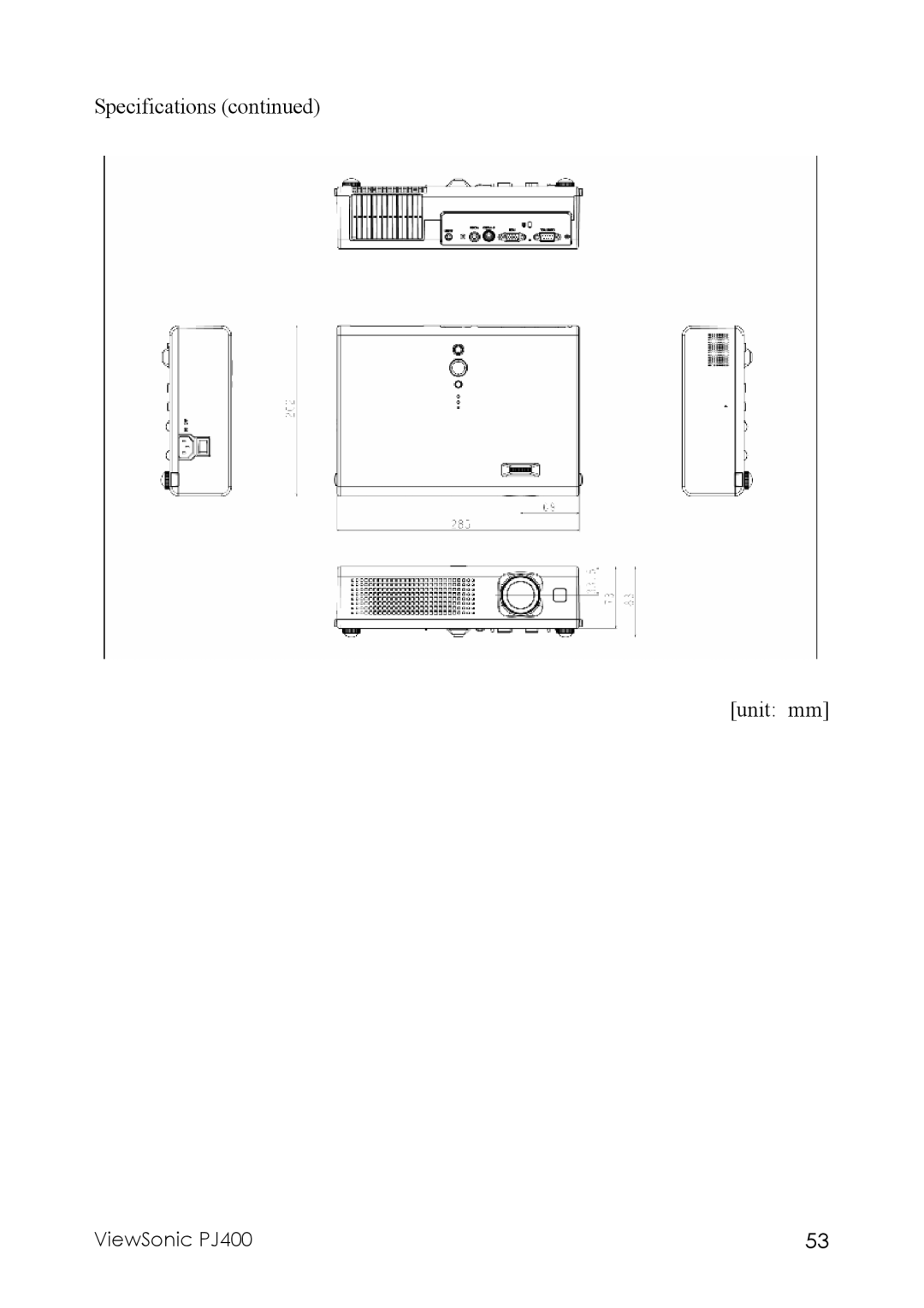 ViewSonic PJ400 manual Specifications Unit mm 