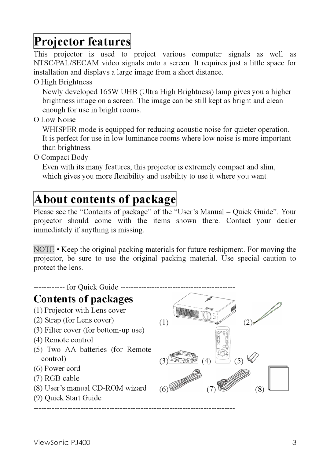 ViewSonic PJ400 manual Projector features, About contents of package 