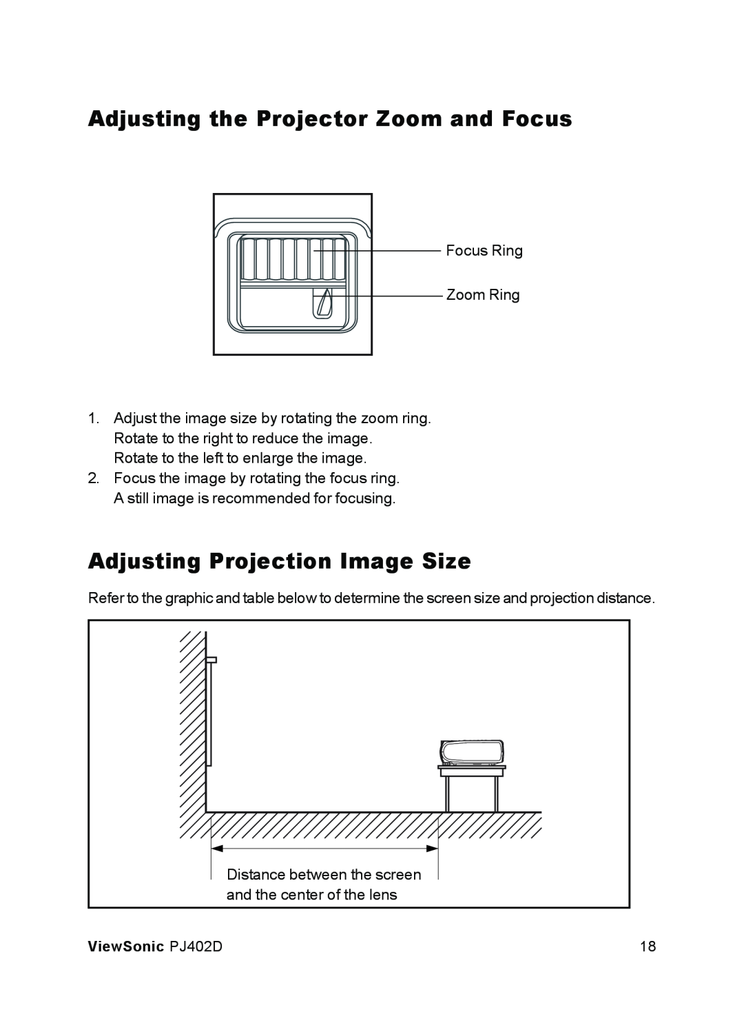 ViewSonic PJ402D manual Adjusting the Projector Zoom and Focus, Adjusting Projection Image Size 