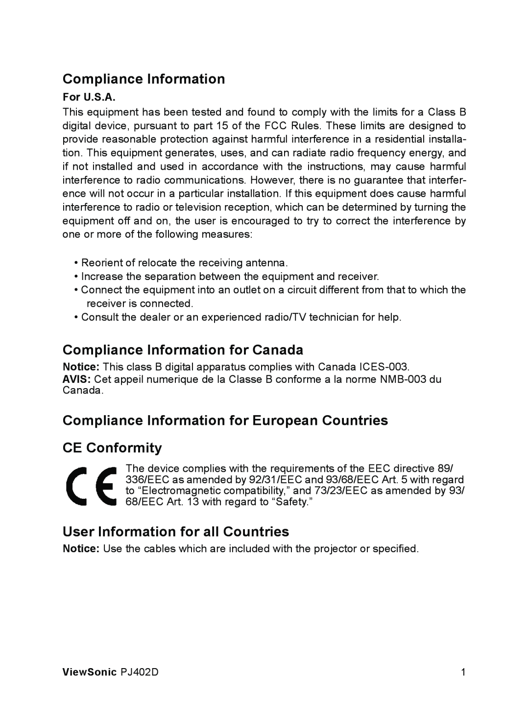 ViewSonic PJ402D manual Compliance Information for Canada, Compliance Information for European Countries CE Conformity 