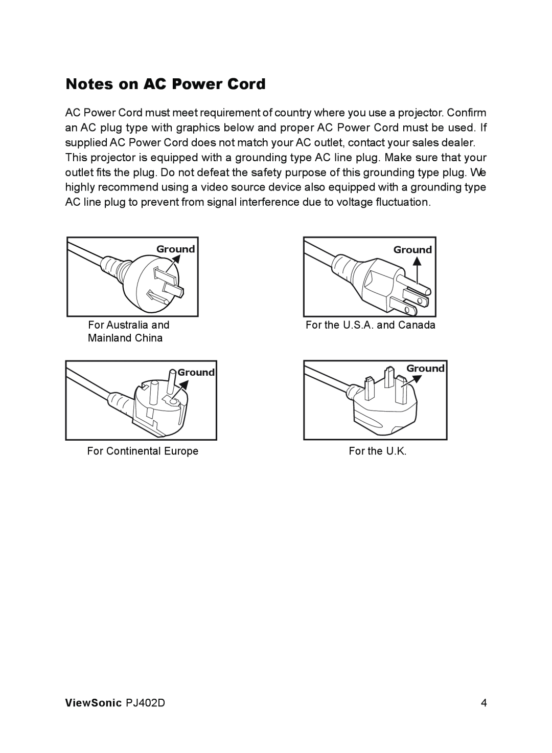 ViewSonic PJ402D manual Notes on AC Power Cord 