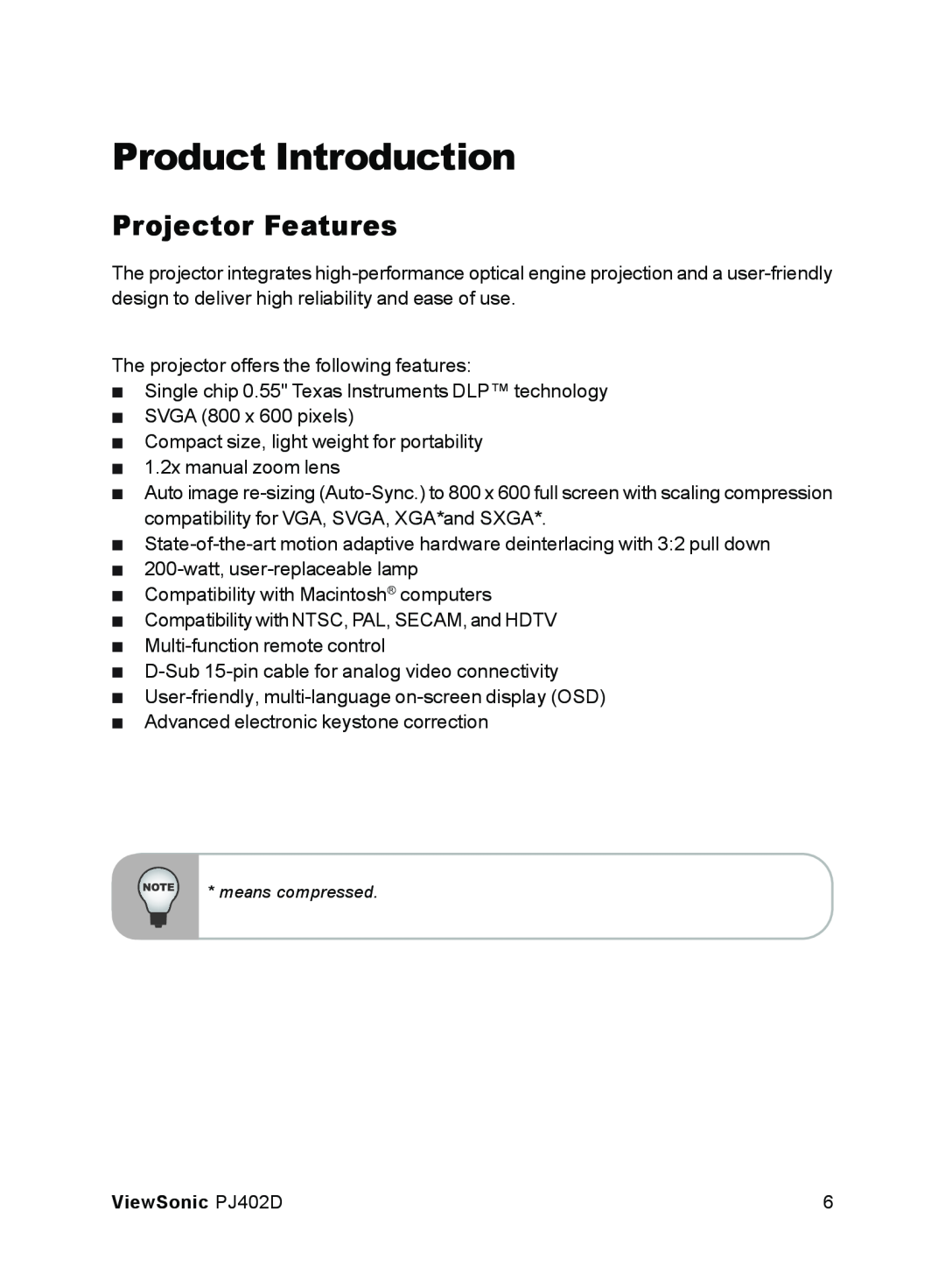 ViewSonic PJ402D manual Product Introduction, Projector Features 